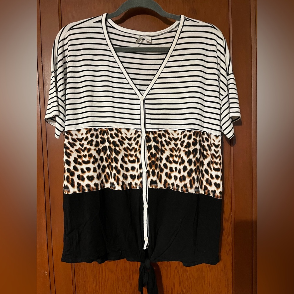 Women's Striped & Leopard Print Short Sleeve Tee - Black/White/Cheetah